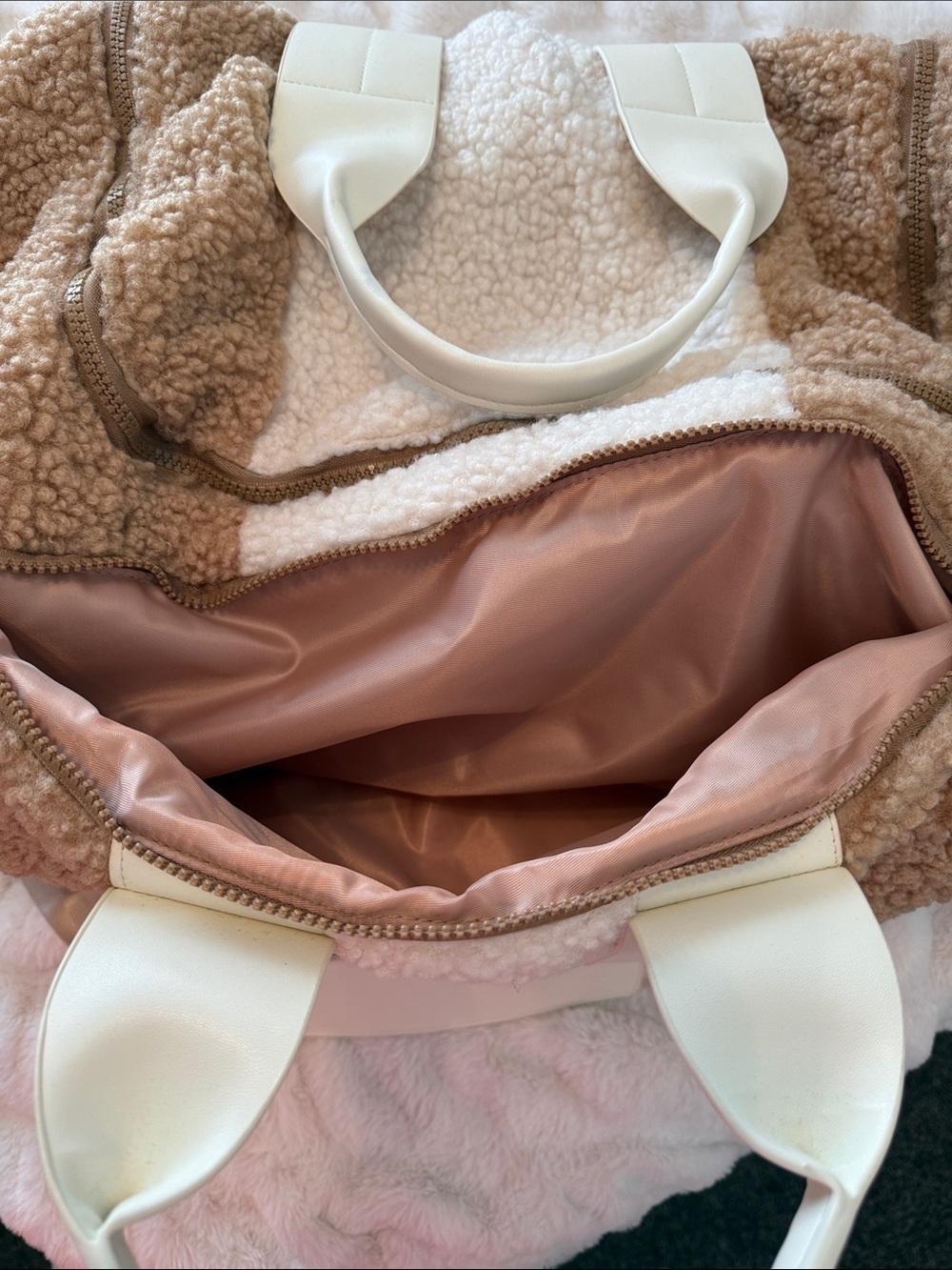 Altar'd State Camel Sherpa Duffel with Cream Trim - Picture 6 of 10